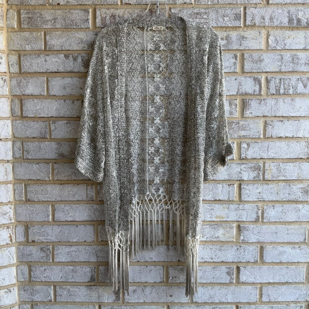 Hollister Y2K 3/4 Sleeve Sheer Fringe Boho Open Front Cardigan Cover Up Size M/L